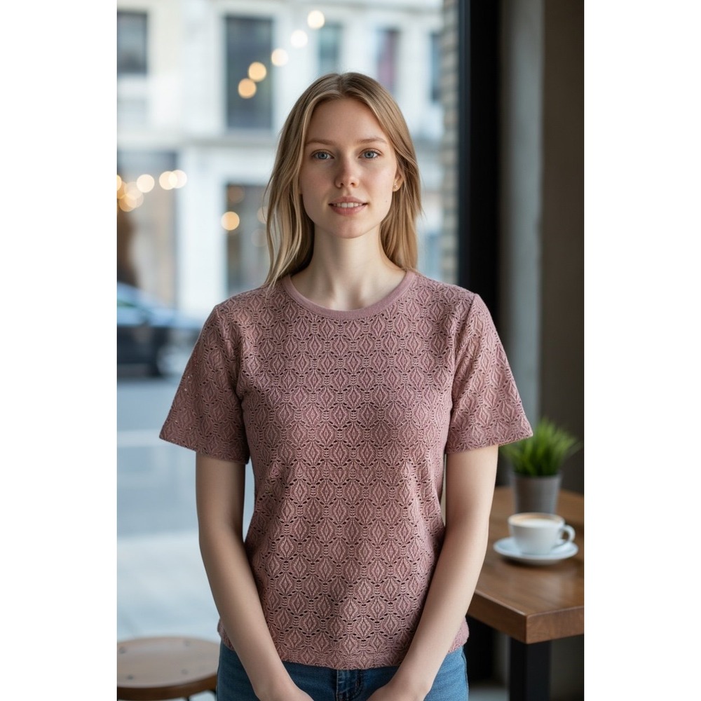 IDA Fashion Mauve Crochet Lace T-Shirt Top Short Sleeve Women's Casual Everyday